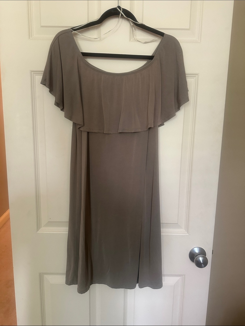 Altar'd State Taupe One-Shoulder Ruffle Midi Dress